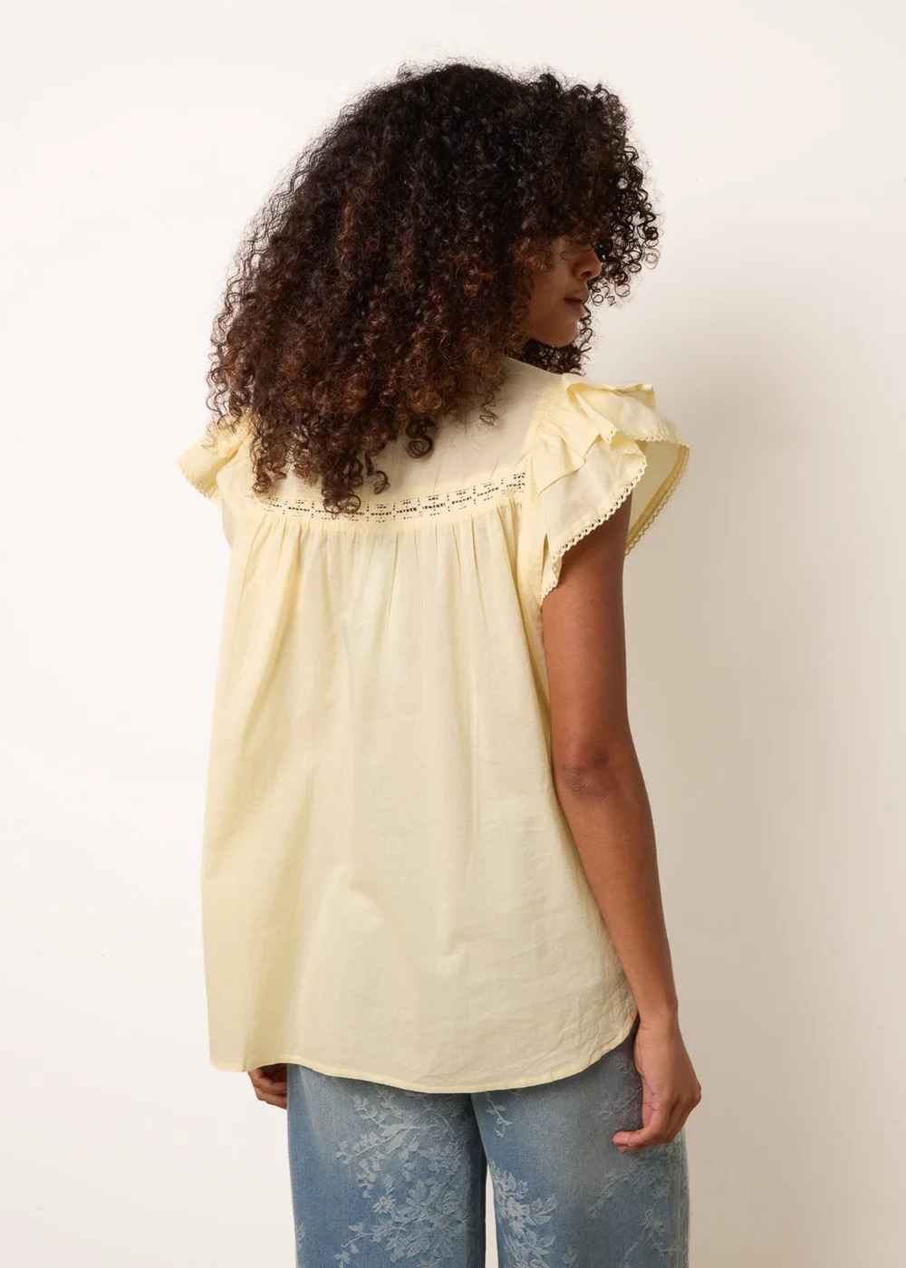 Blue Vanilla Yellow Cotton Embroidery Detail Ruffle Sleeve Top - M Image 4