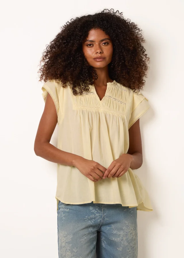 Blue Vanilla Yellow Cotton Embroidery Detail Ruffle Sleeve Top