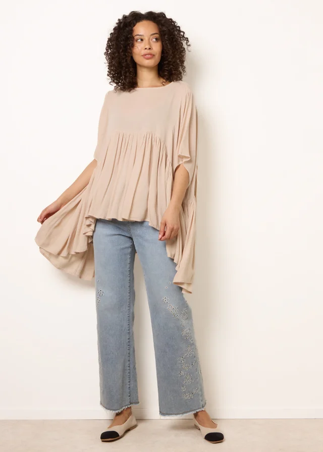 Blue Vanilla Stone Gathered Oversized Top