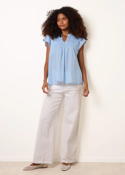 Blue Vanilla Blue Cotton Embroidery Detail Ruffle Sleeve Top - L Image 2