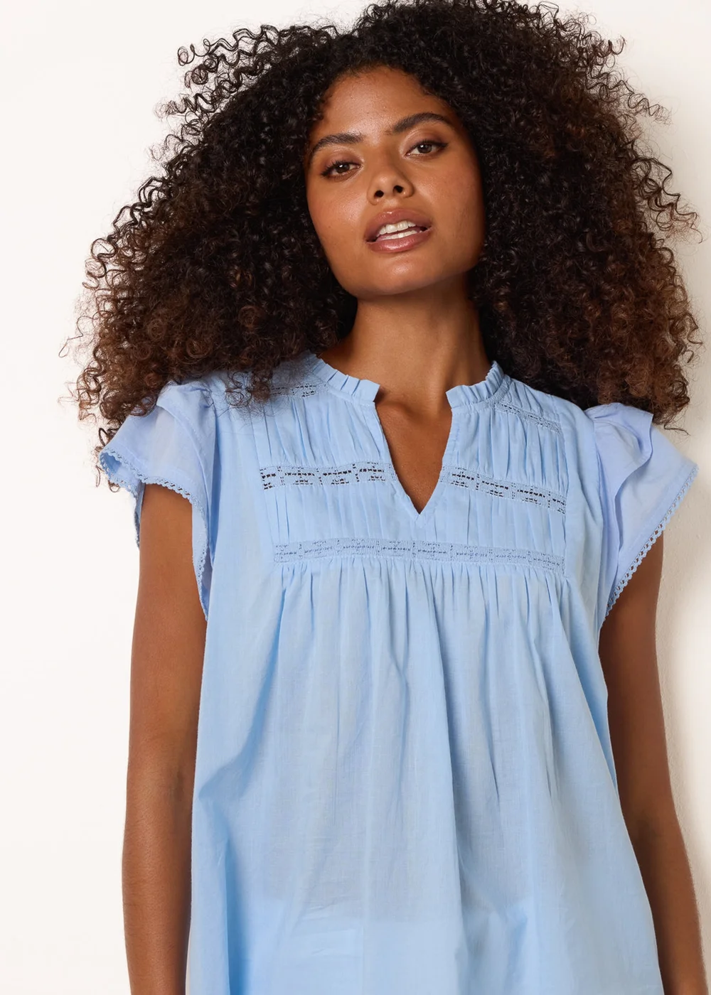 Blue Vanilla Blue Cotton Embroidery Detail Ruffle Sleeve Top - L Image 1