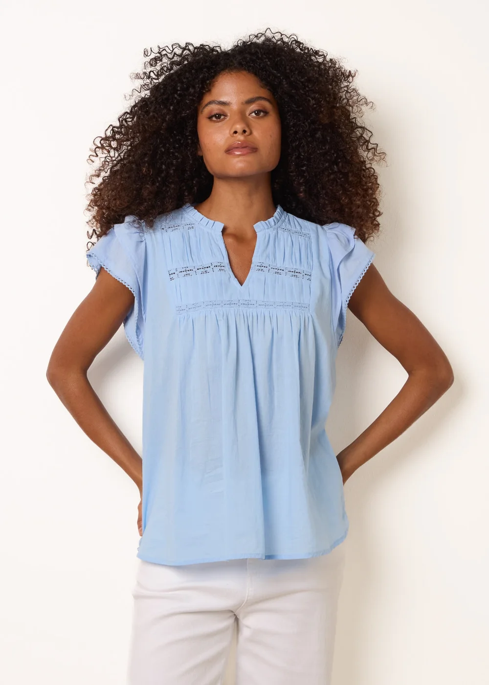 Blue Vanilla Blue Cotton Embroidery Detail Ruffle Sleeve Top - L Image 3