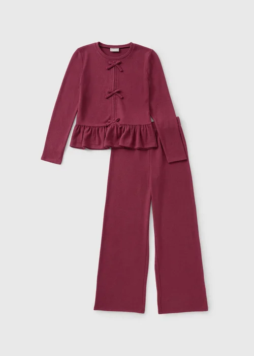 Girls Burgundy Bow Knitted Top & Trouser Set (7-15yrs) - 7 Yrs Image 1