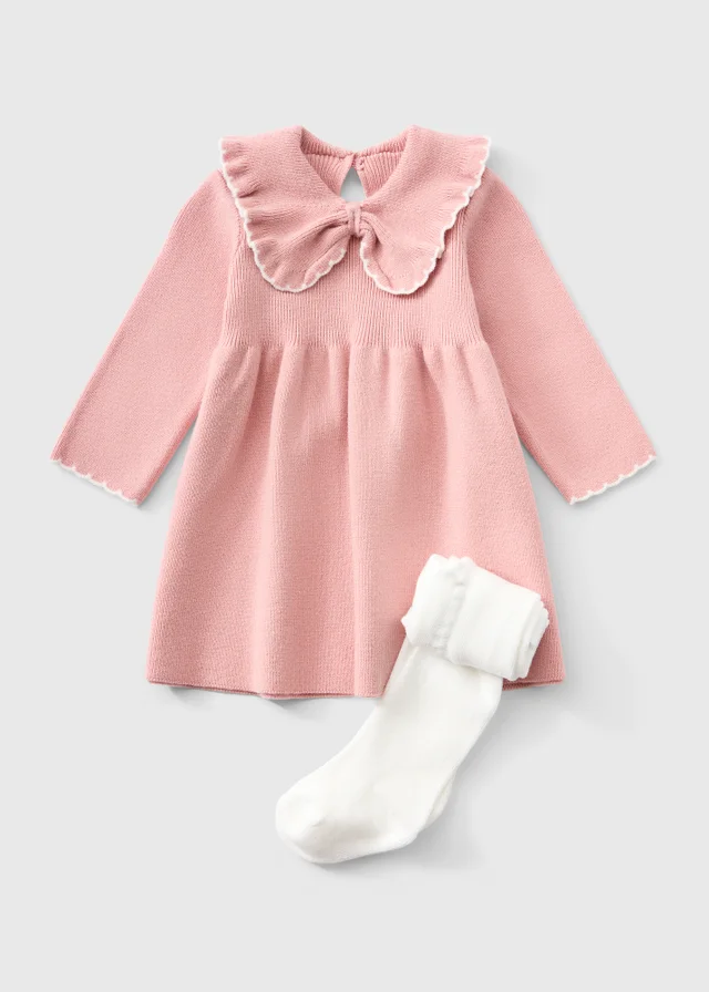 Baby Pink Knitted Bow Dress & Tights Set (0-23mths)