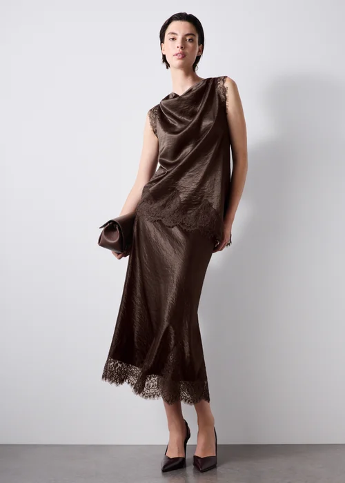 Chocolate Brown Lace Cowl Neck Co Ord Top - Size 8 Image 2