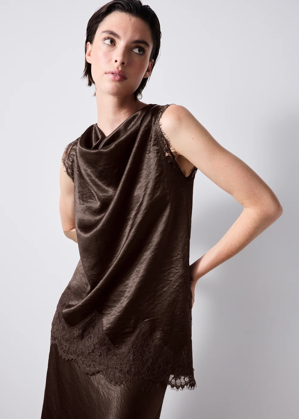 Chocolate Brown Lace Cowl Neck Co Ord Top - Size 8 Image 1