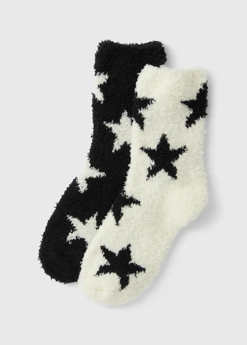 2 Pack Black/Cream Star Print Cosy Socks - One Size Image 1