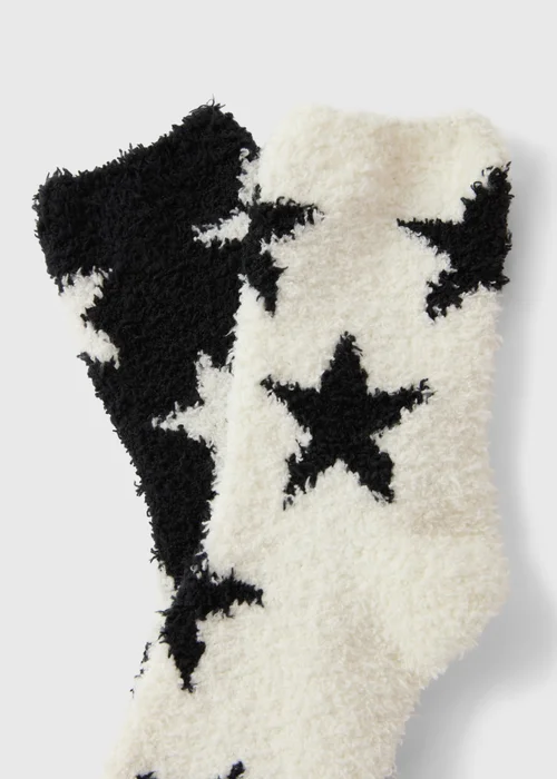 2 Pack Black/Cream Star Print Cosy Socks - One Size Image 2