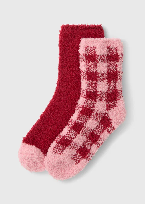 2 Pack Plum Checked Cosy Socks - One Size Image 1