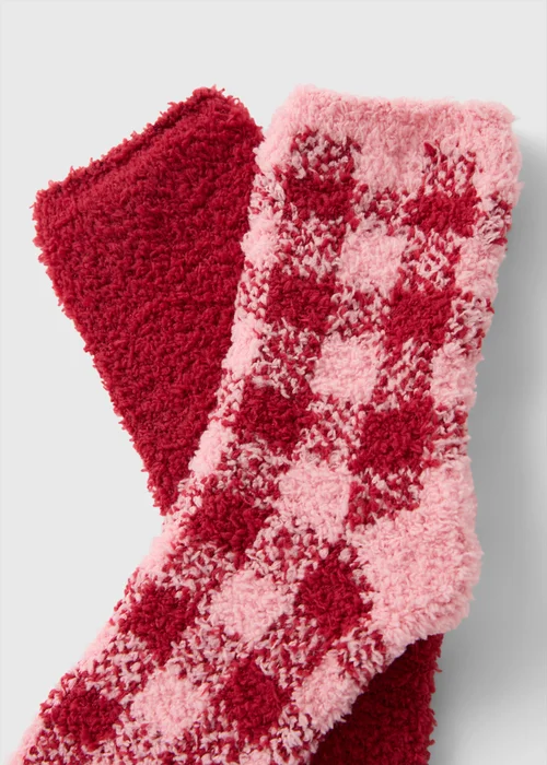 2 Pack Plum Checked Cosy Socks - One Size Image 2