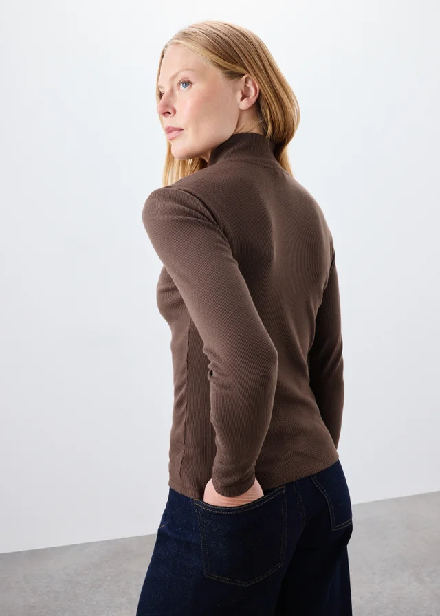 Chocolate Ribbed Funnel Neck Top