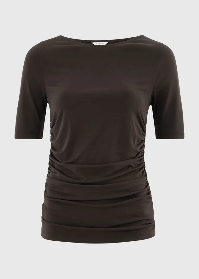 Chocolate Brown Ruched Polka Dot T-Shirt