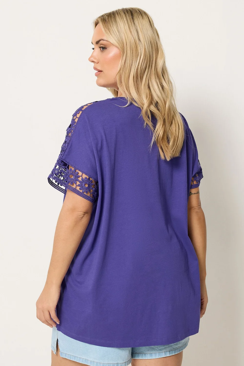 Yours Curve Purple Crochet Sleeve T-Shirt - 22-24 Image 3