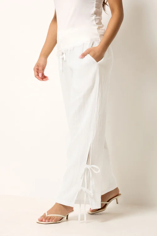 PixieGirl Petite White Tie Detail Cotton Cheesecloth Wide Leg Trousers - 16/L27 Image 2