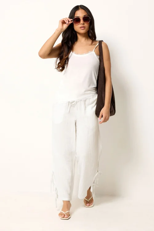 PixieGirl Petite White Tie Detail Cotton Cheesecloth Wide Leg Trousers - 16/L27 Image 1