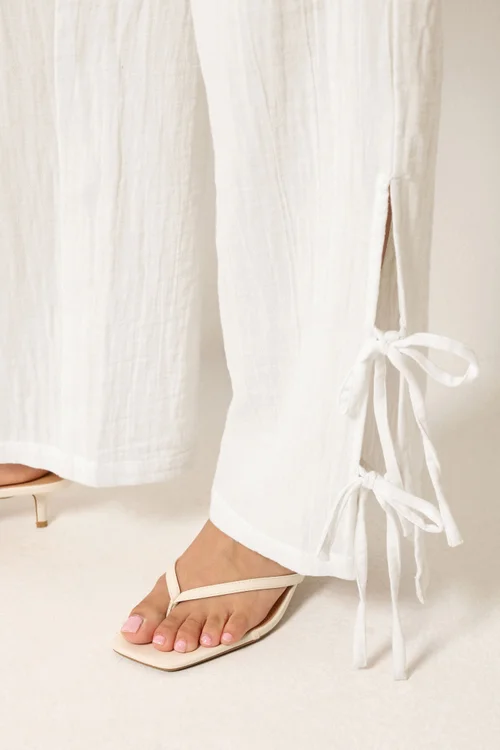 PixieGirl Petite White Tie Detail Cotton Cheesecloth Wide Leg Trousers - 16/L27 Image 4
