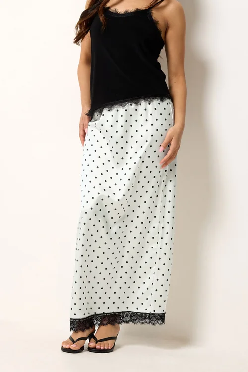 PixieGirl Petite White Polka Dot Satin Maxi Skirt - 6 Image 3