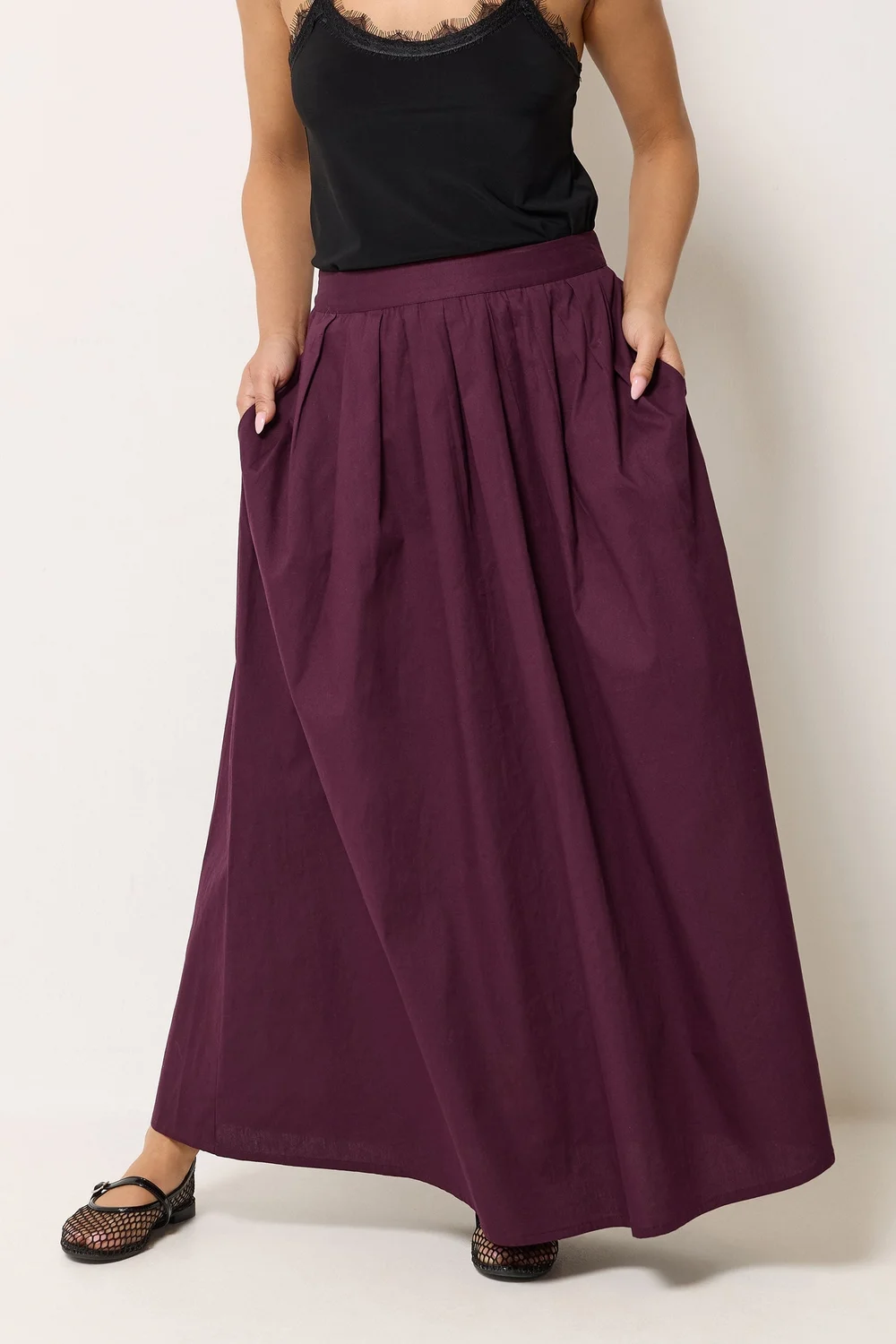 PixieGirl Petite Burgundy Red Poplin Cotton Maxi Skirt - 12 Image 1