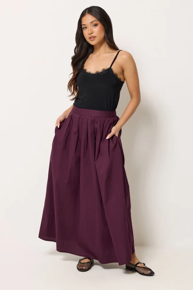 PixieGirl Petite Burgundy Red Poplin Cotton Maxi Skirt