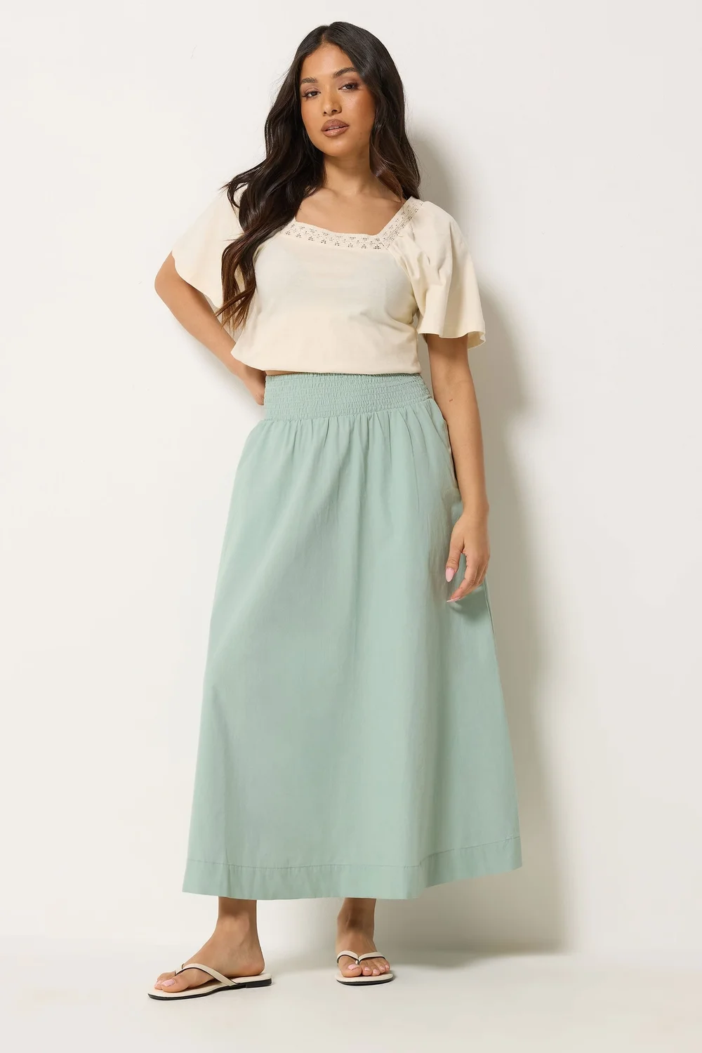 PixieGirl Petite Sage Green Poplin Shirred Cotton Maxi Skirt - 18 Image 1