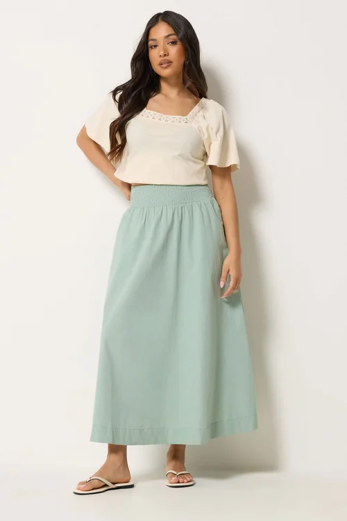 PixieGirl Petite Sage Green Poplin Shirred Cotton Maxi Skirt - 18 Image 1