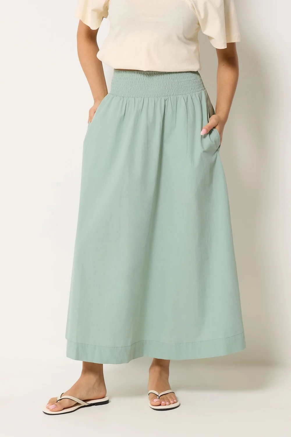 PixieGirl Petite Sage Green Poplin Shirred Cotton Maxi Skirt - 18 Image 2