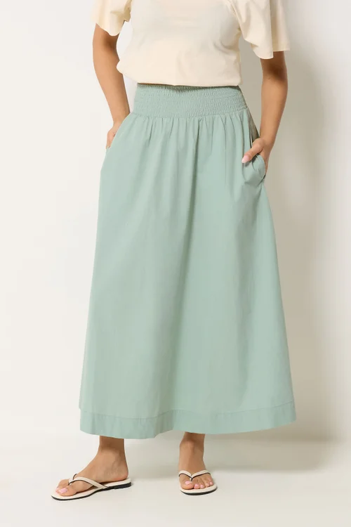 PixieGirl Petite Sage Green Poplin Shirred Cotton Maxi Skirt - 18 Image 2