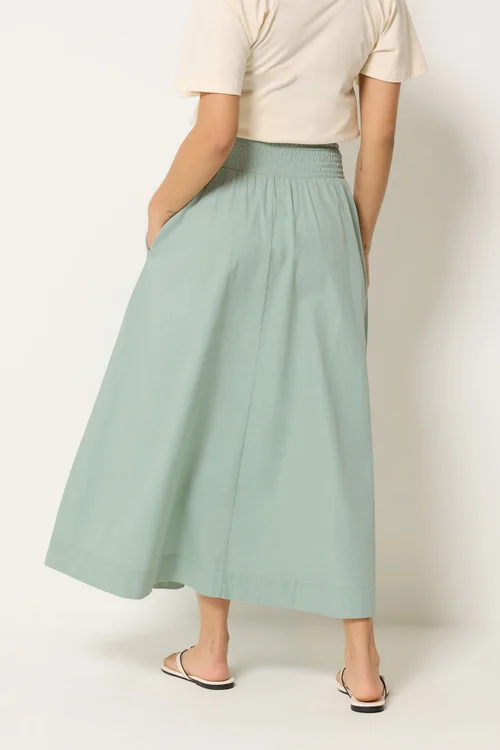 PixieGirl Petite Sage Green Poplin Shirred Cotton Maxi Skirt - 18 Image 3