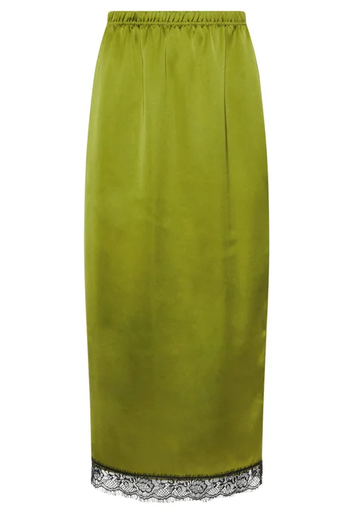PixieGirl Petite Olive Green Lace Hem Satin Maxi Skirt - 16 Image 5