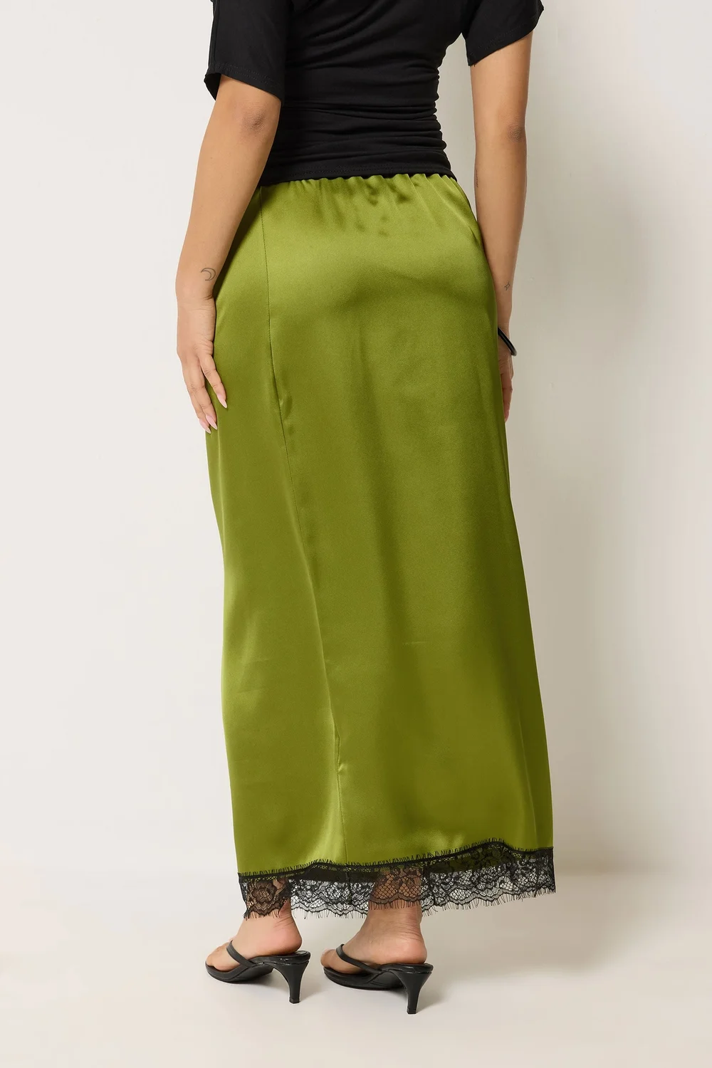 PixieGirl Petite Olive Green Lace Hem Satin Maxi Skirt - 16 Image 3