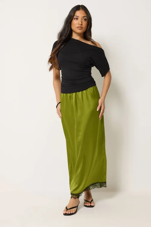 PixieGirl Petite Olive Green Lace Hem Satin Maxi Skirt - 16 Image 1
