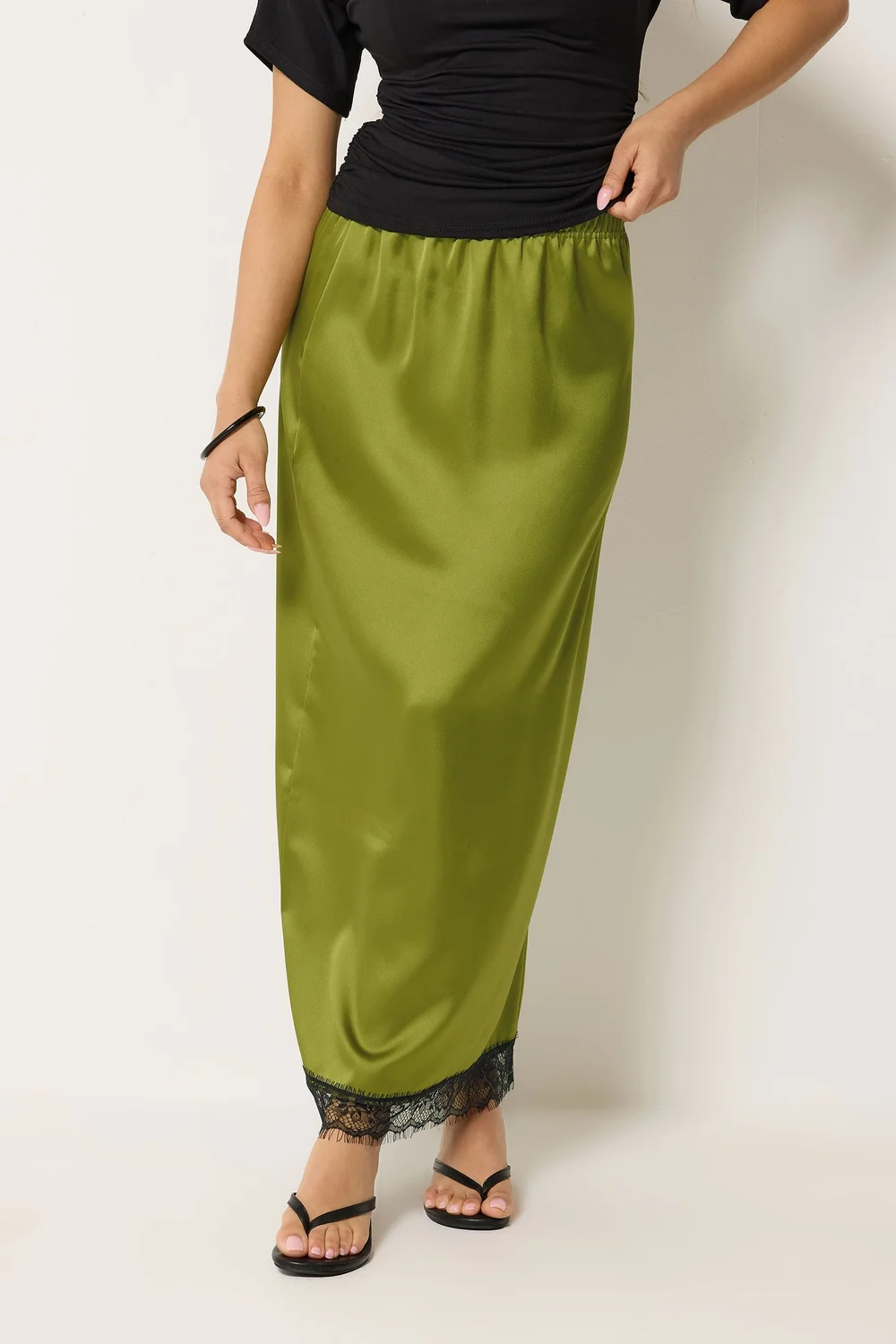 PixieGirl Petite Olive Green Lace Hem Satin Maxi Skirt - 16 Image 2