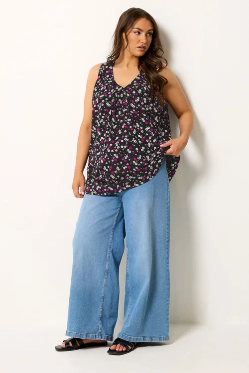 Yours Curve Black Daisy Print Vest Top - 14 Image 2