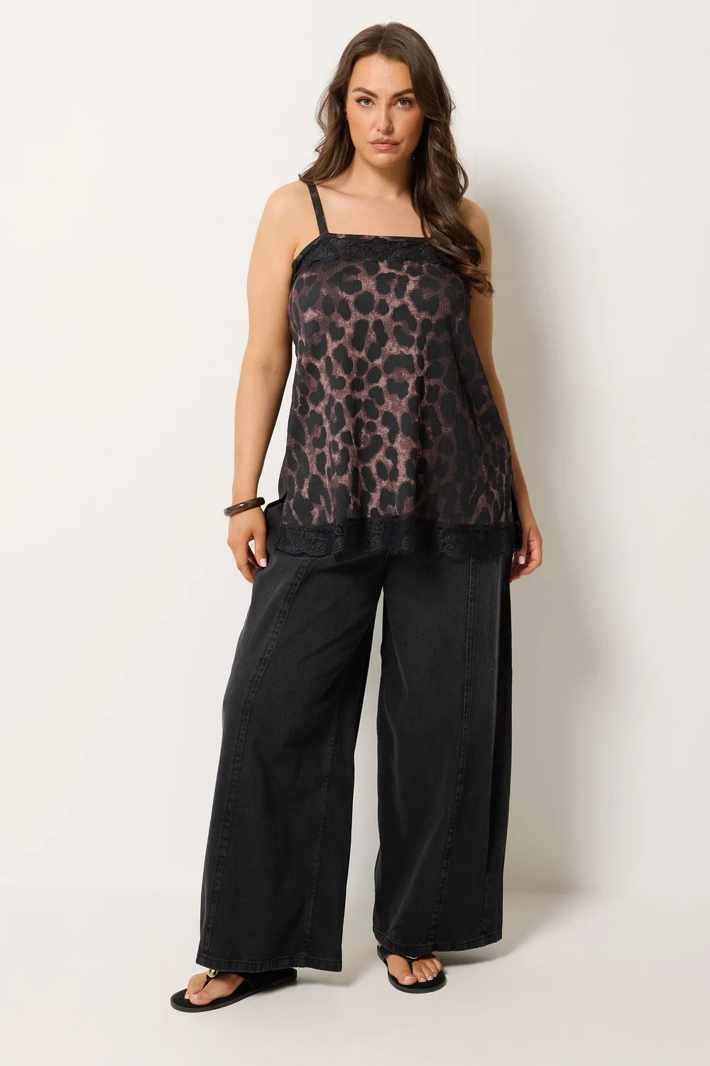 Yours Curve Brown Leopard Print Lace Trim Vest Top - 22-24 Image 2
