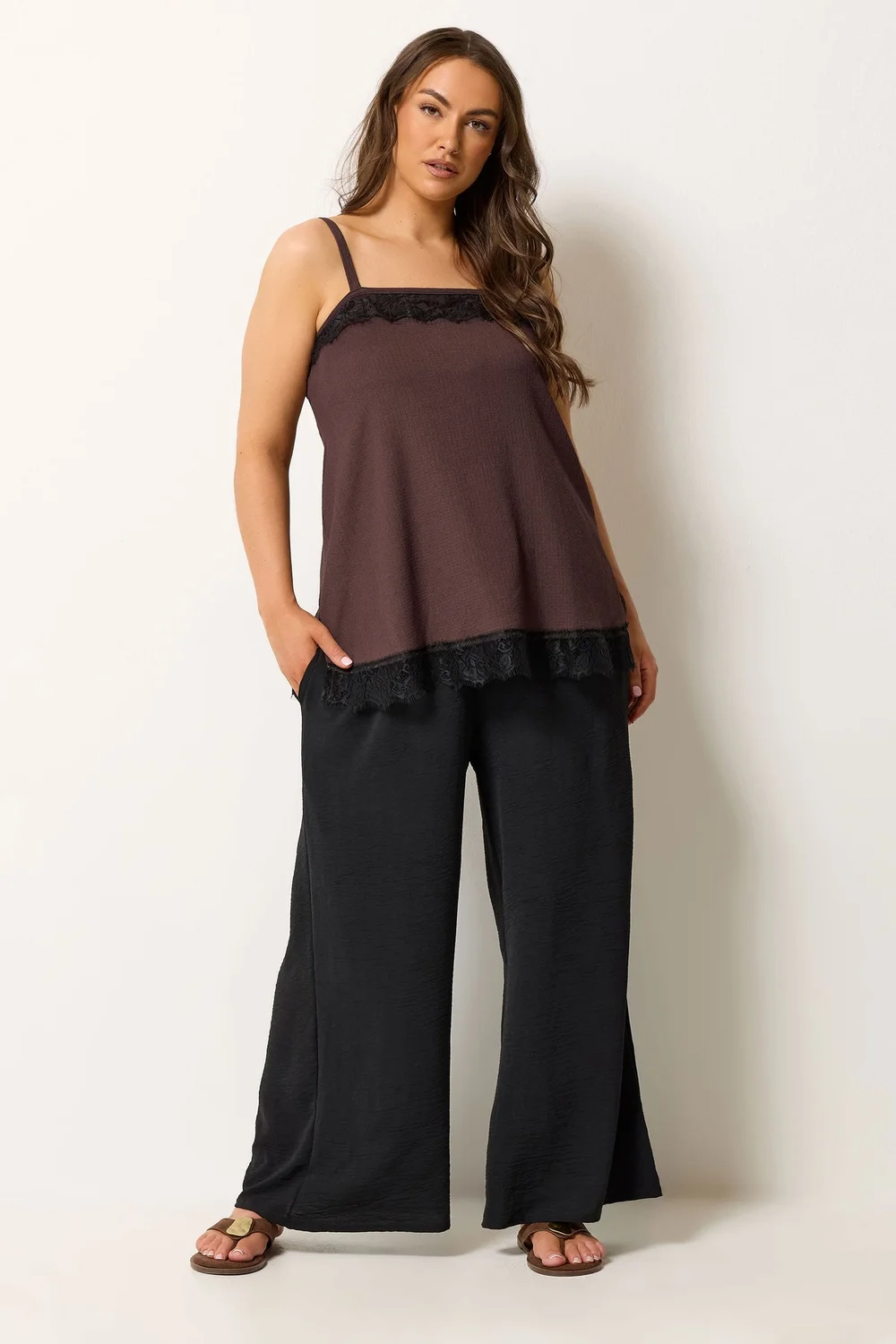 Yours Curve Chocolate Brown Lace Vest Top - 14 Image 2