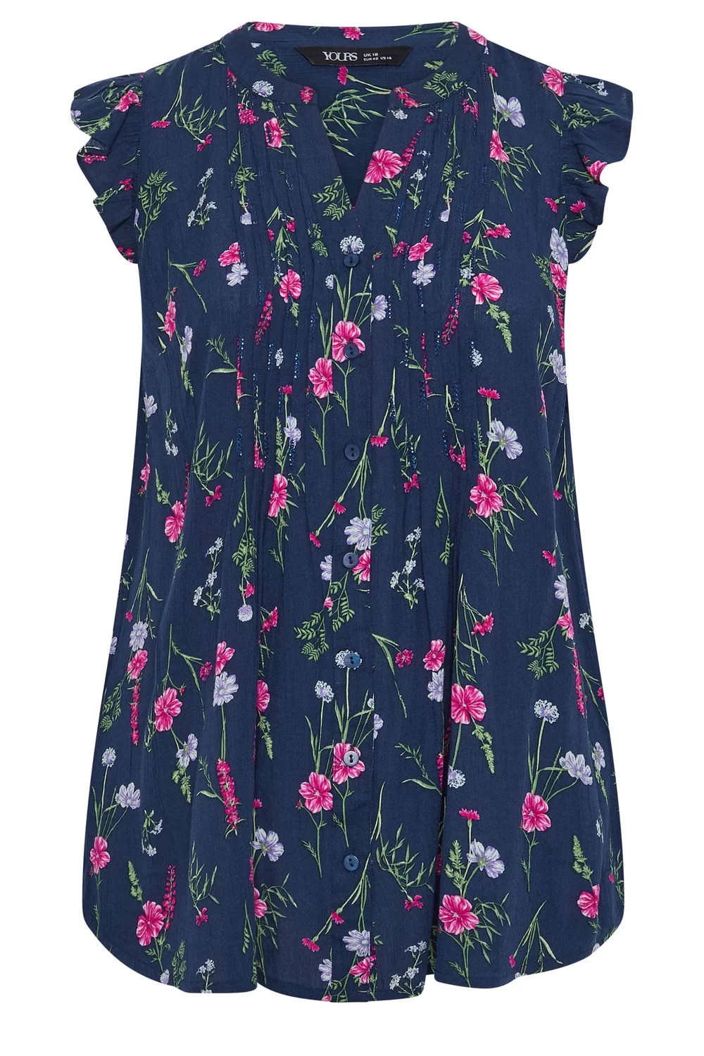 Yours Curve Navy Blue Floral Sleeveless Pintuck Top - 20 Image 5
