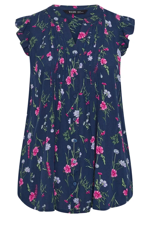 Yours Curve Navy Blue Floral Sleeveless Pintuck Top - 20 Image 5