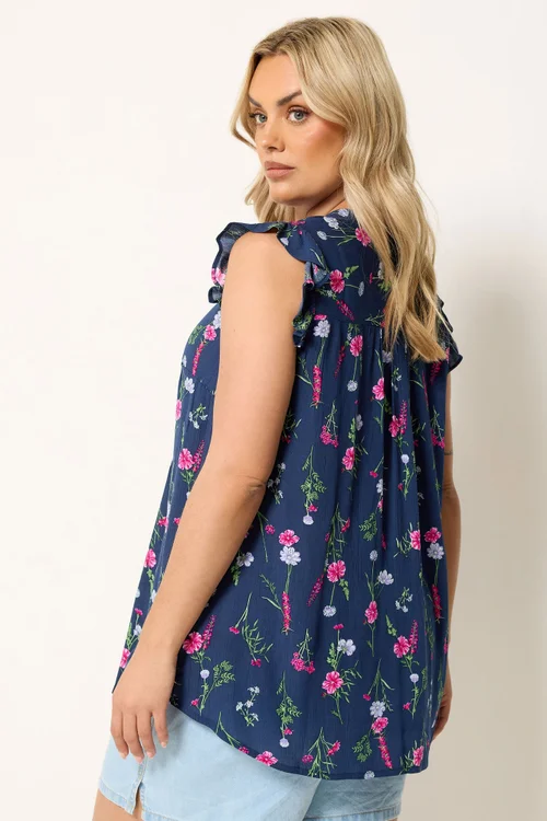 Yours Curve Navy Blue Floral Sleeveless Pintuck Top - 20 Image 3