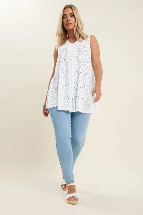 Yours Curve White Broderie Anglaise Pleated Vest Top - 14 Image 2