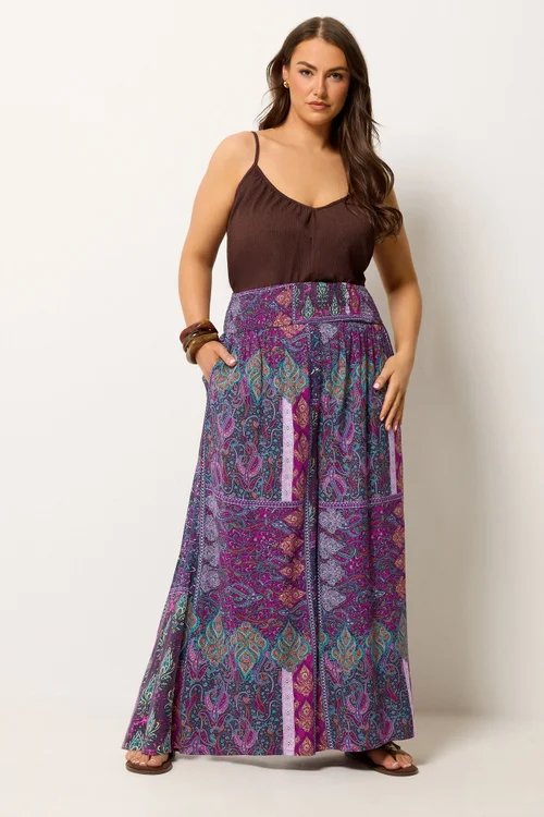 Yours Curve Purple Paisley Shirred Waist Trousers - 14/L28 Image 3