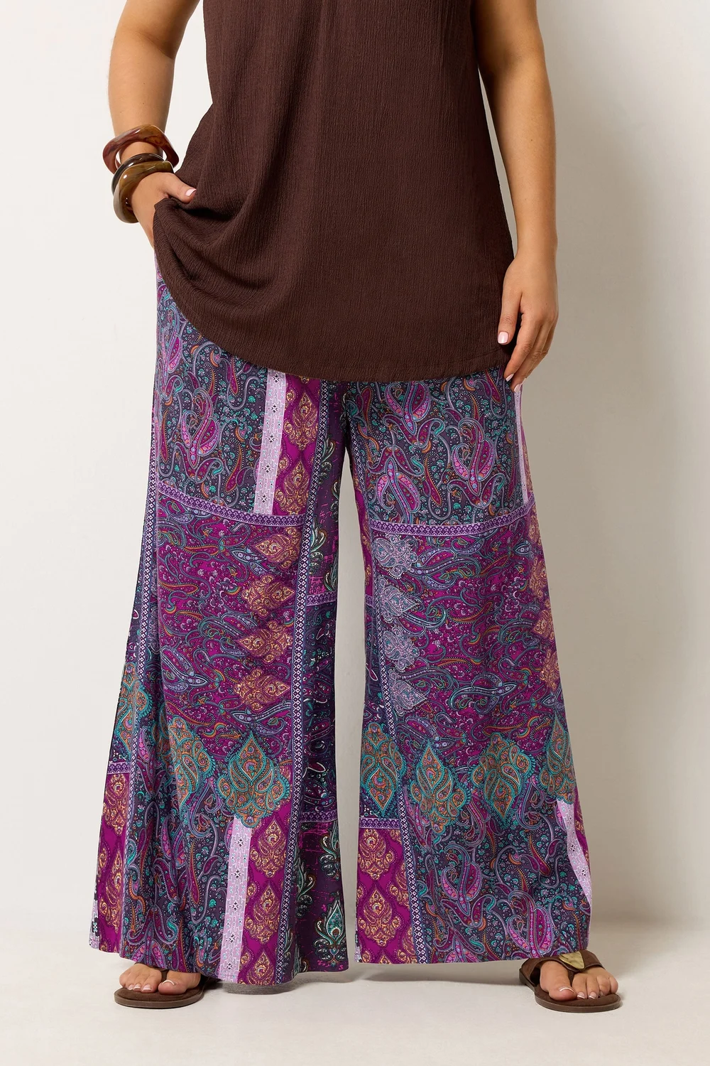Yours Curve Purple Paisley Shirred Waist Trousers - 14/L28 Image 1