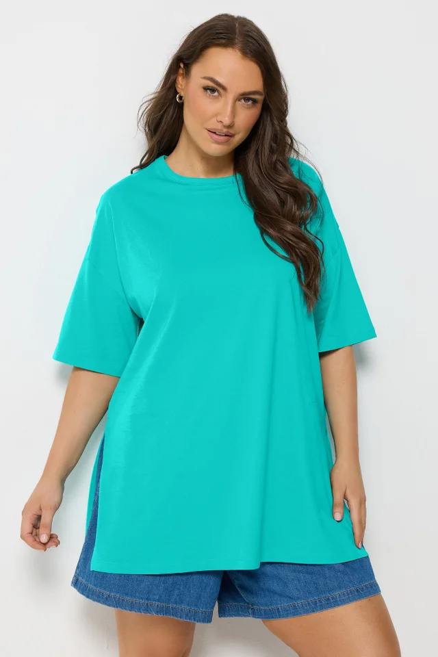 Yours Curve Turquoise Blue Side Split Longline T-Shirt
