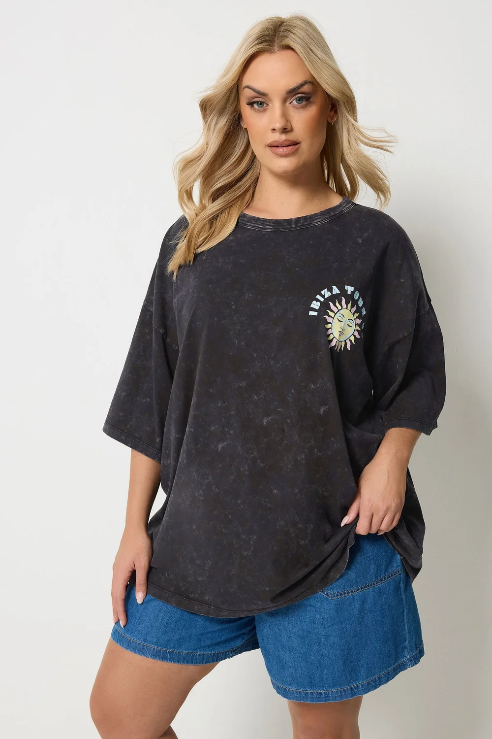Yours Curve Grey Acid Wash 'Solar Dreams' T-Shirt - 22-24 Image 3