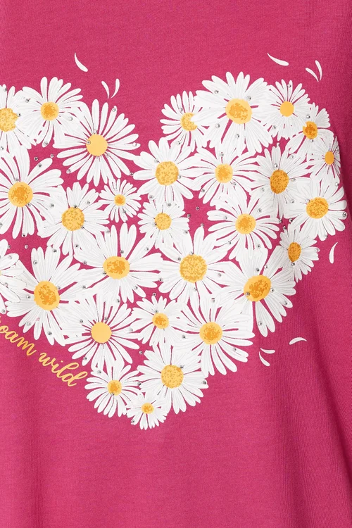 Yours Curve Dark Pink Daisy Heart Print T-Shirt - 34-36 Image 4