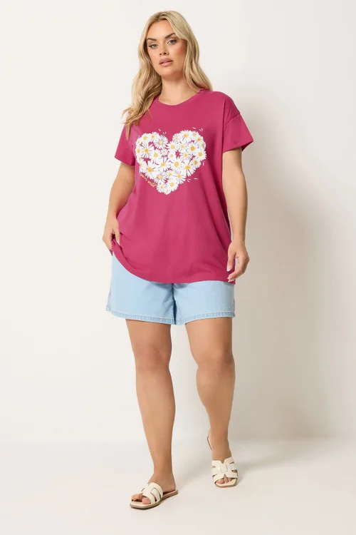 Yours Curve Dark Pink Daisy Heart Print T-Shirt - 34-36 Image 2