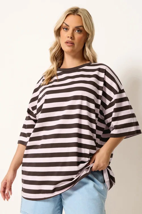Yours Curve Chocolate Brown & Pink Boxy T-Shirt - 22-24 Image 1