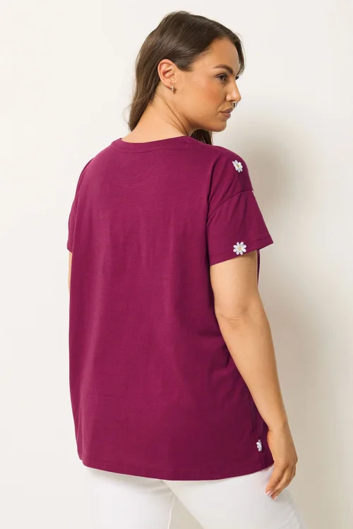 Yours Curve Pink Embroidered Daisy T-Shirt - 18 Image 3