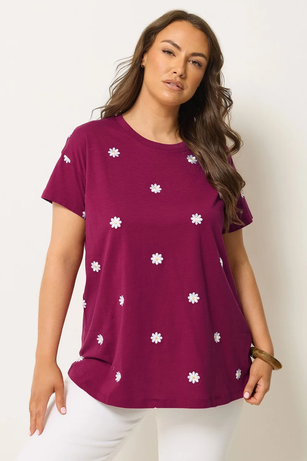 Yours Curve Pink Embroidered Daisy T-Shirt - 18 Image 1
