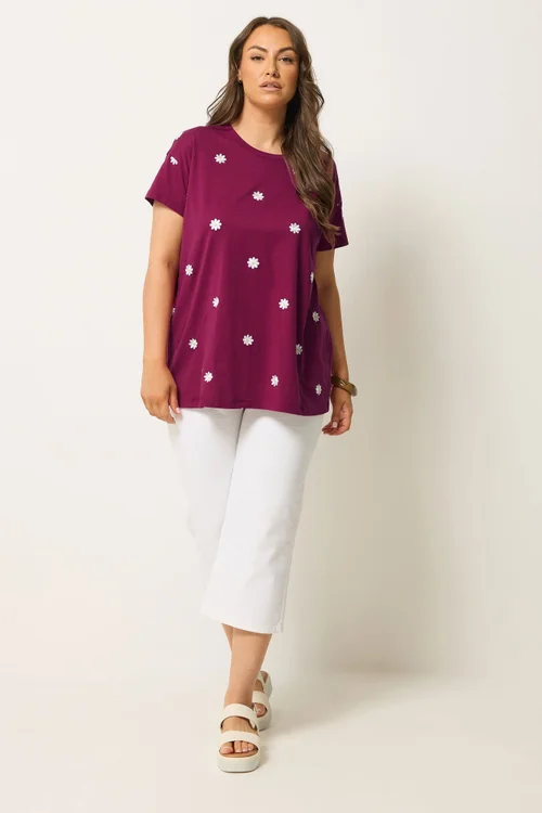 Yours Curve Pink Embroidered Daisy T-Shirt - 18 Image 2