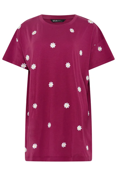 Yours Curve Pink Embroidered Daisy T-Shirt - 18 Image 5